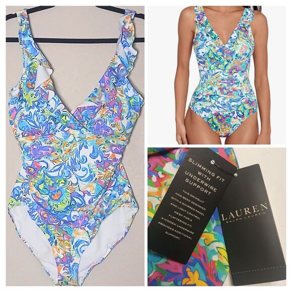 Lauren Ralph Lauren Other - LAUREN Ralph Lauren Swimsuit Sz 14 Ruffle V-neck One Piece Multi Print $160 NWT